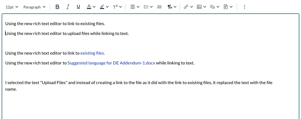 View of the rich text editor with text and hyperlinked words