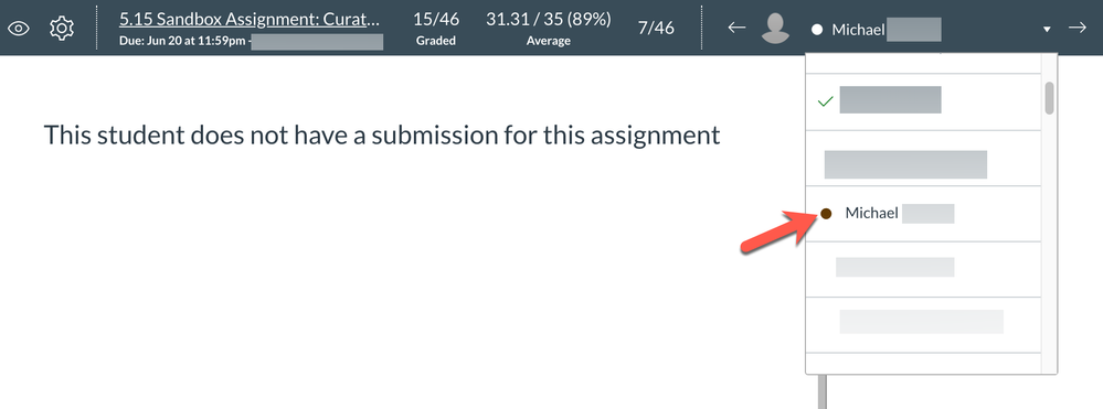 Orange dot next to student name in SpeedGrader indicates a submission needs grading, and message in submission area says &quot;This student does not have a submission for this assignment&quot;