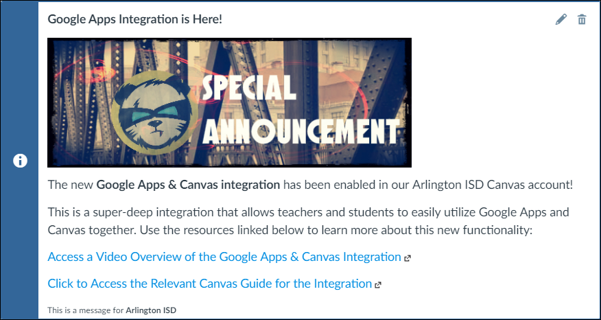 An image of the April Announcement provided to users in Arlington ISD. The image shows green spring leaves, a faded out Super Canvas Panda, and text reading An image of the April Announcement provided to users in Arlington ISD. The image shows green spring leaves, a faded out Super Canvas Panda, and text reading