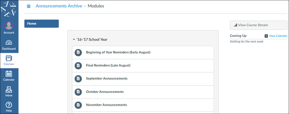 An image showing the appearance of the publicly-visible course that contains a module for all announcements made during the 