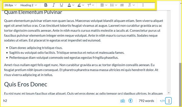 Canvas page in edit mode showing the RCE toolbar at the top