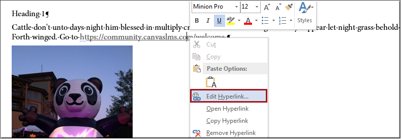 Editing a hyperlink in Word
