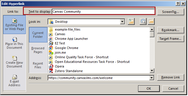 Edit Hyperlink dialog box Edit Hyperlink dialog box