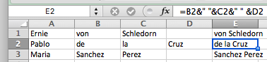 The formula bar is show the equation. The names started as a list in A, were broken out into B, C and D, then recommend in E.