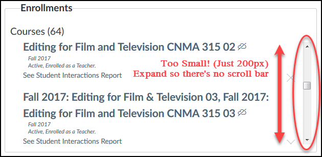 Screen shot - Enrollments Window too small
