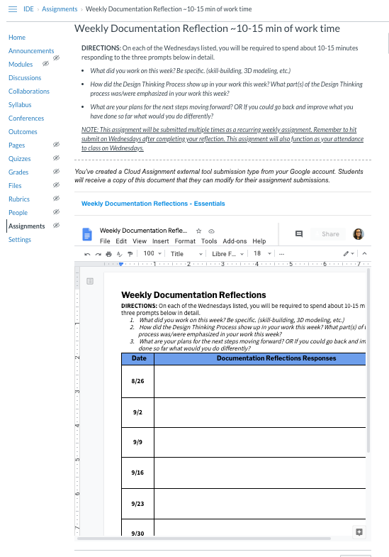 Image of Google Doc assignment (using external tool) without ability to add a rubric.