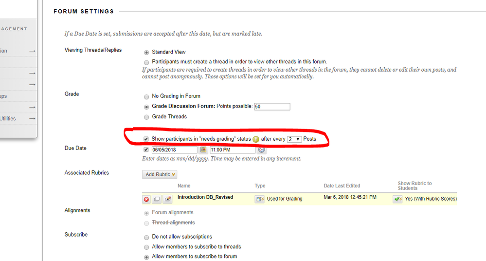 Blackboard discussion settings for number of posts before being prompted to grade