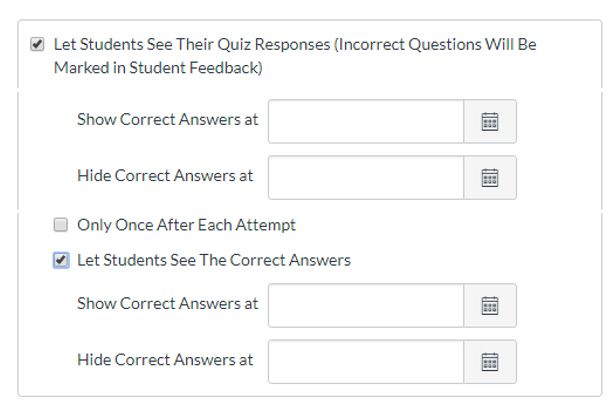 Screenshot of the quiz settings with date range selector for the Let Students See Their Quiz Results option