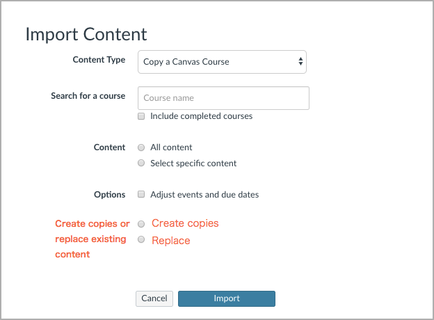 Screenshot of import settings with proposed section on choosing whether new content replaces previously imported content or becomes a copy