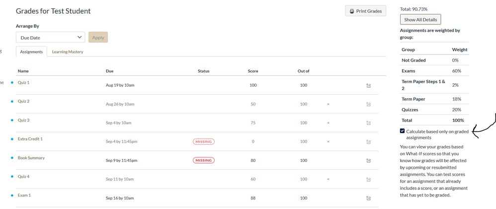 a screen shot of the student view of the gradebook with &quot;calculate only based on graded assignments&quot; checked in the right-side menu