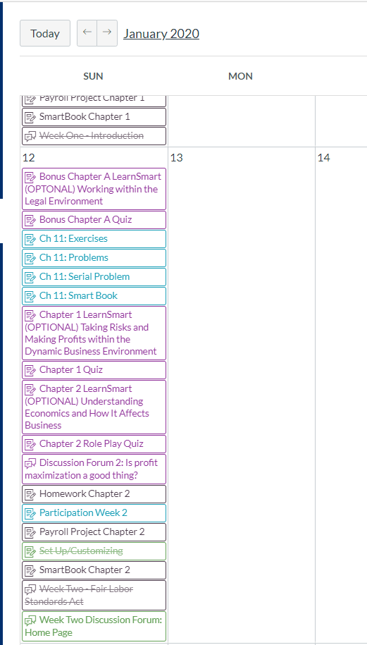 A screen shot of my Canvas Calendar with only a few assignments crossed off, however they were all completed.