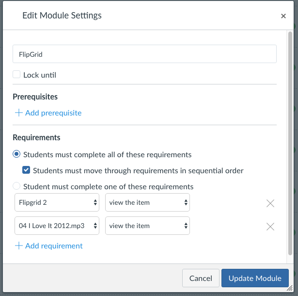 Edit Module Settings window with some requirements set.