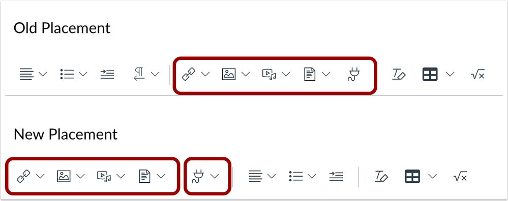 Old and New Placement comparisons in the New Rich Content Editor