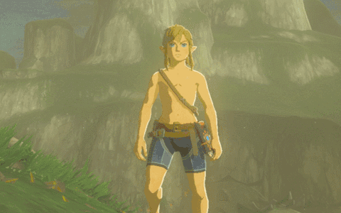 Link flexing on top of a mountain in Zelda_ Breath of the Wild.