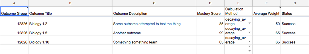 Outcome upload template in a Google Sheet