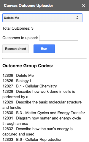 Outcome group codes displayed dynamically on course selection