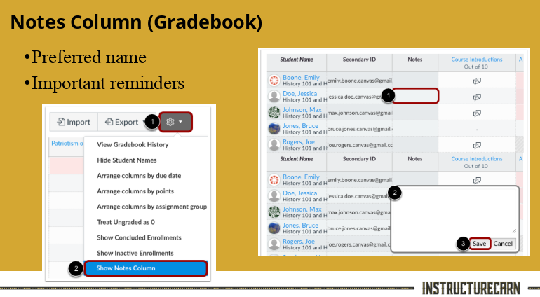 slide showing Notes column in Gradebook