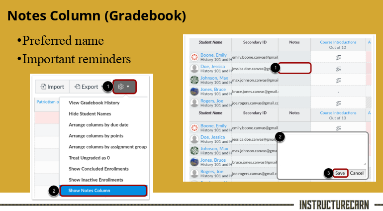 slide showing Notes column in Gradebook slide showing Notes column in Gradebook