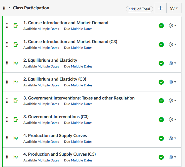 Assignments Index page showing multiple versions of each class participation assignment. Assignments Index page showing multiple versions of each class participation assignment.