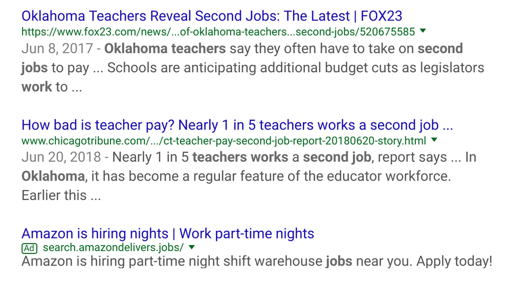 screenshot of Google search results showing ad for Amazon night jobs