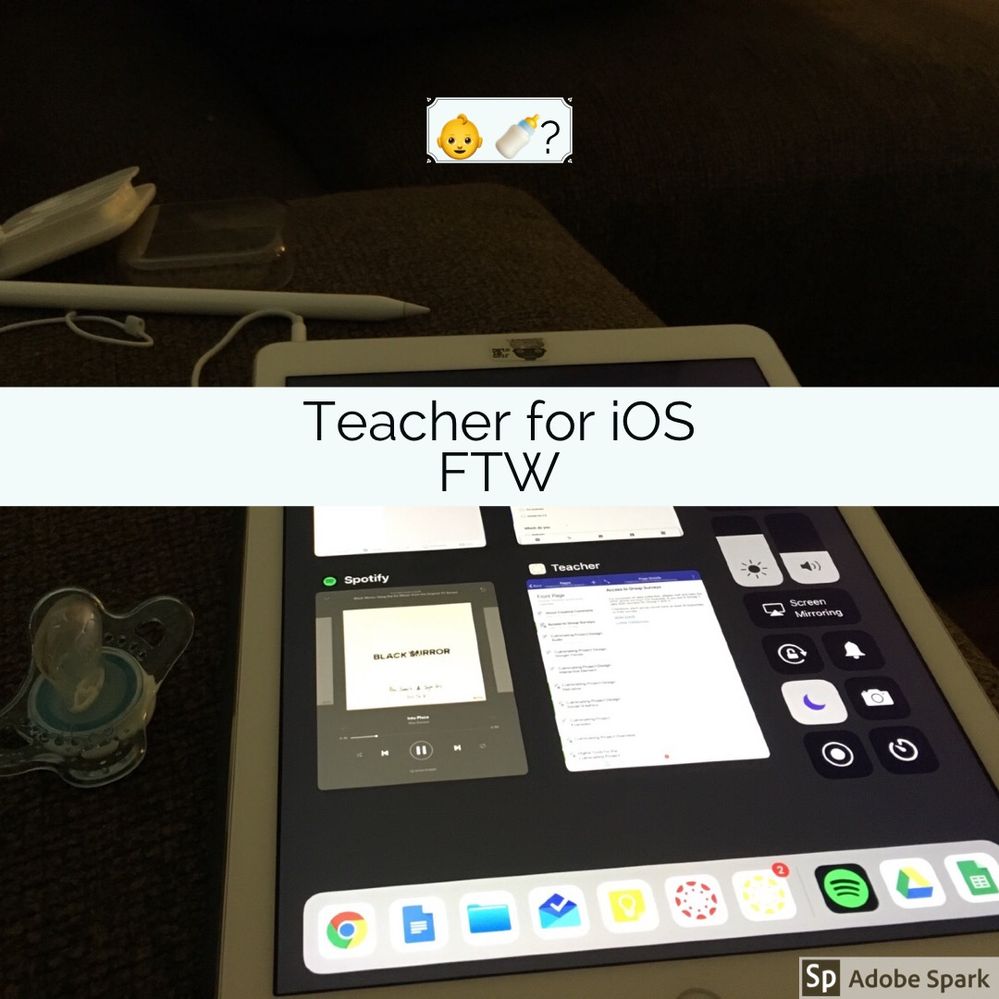 A pacifier, Apple pencil, headphones and an iPad running Canvas Teacher and Spotify on a couch.