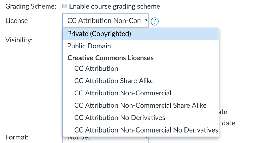 screenshot of Canvas course licenses
