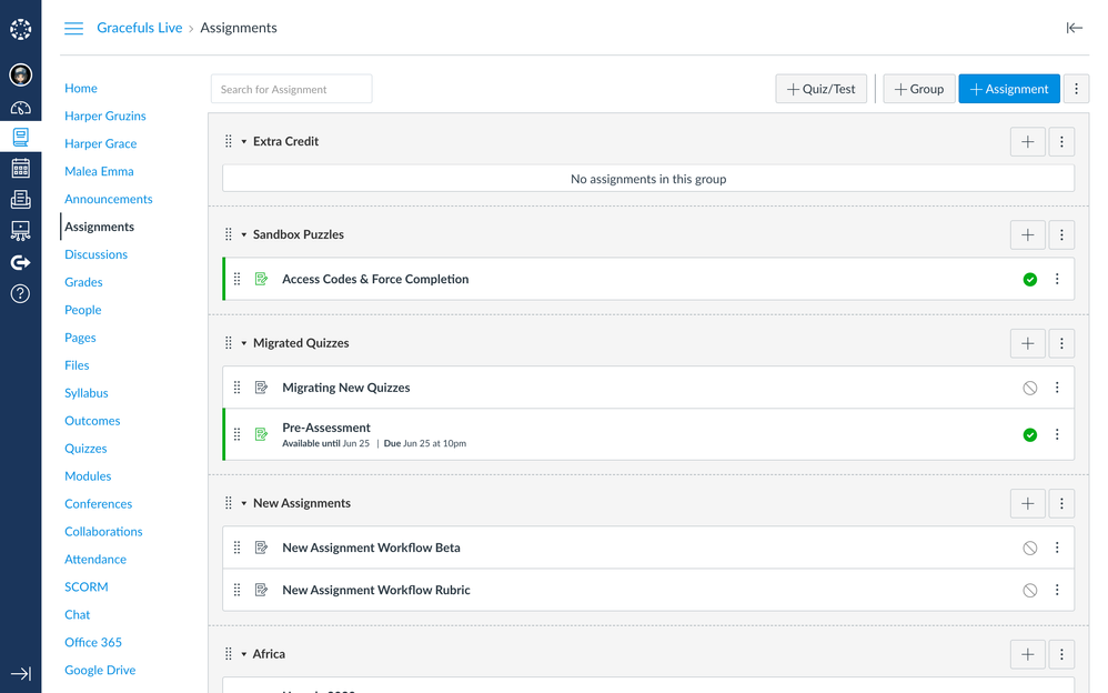 Assignments page