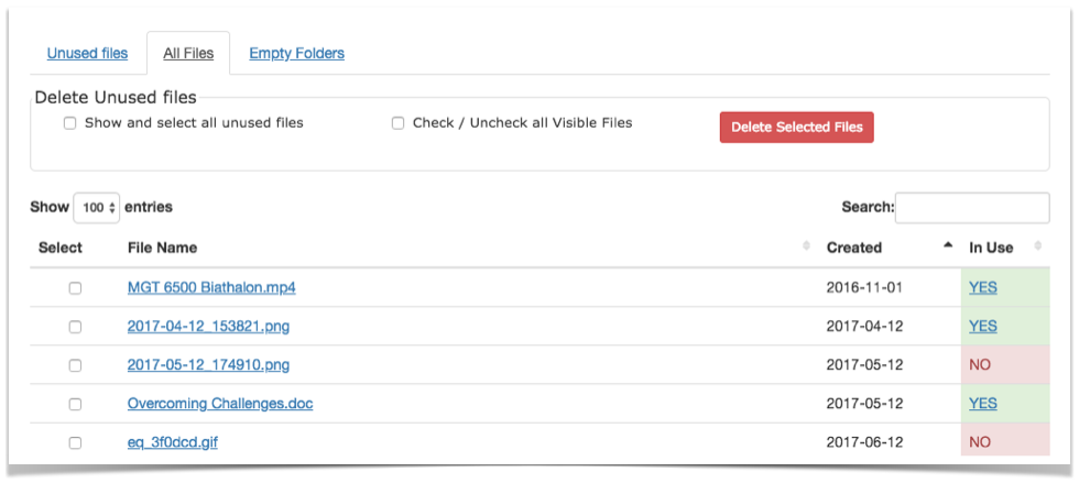 File list showing all files whether in use or not. File list showing all files whether in use or not.