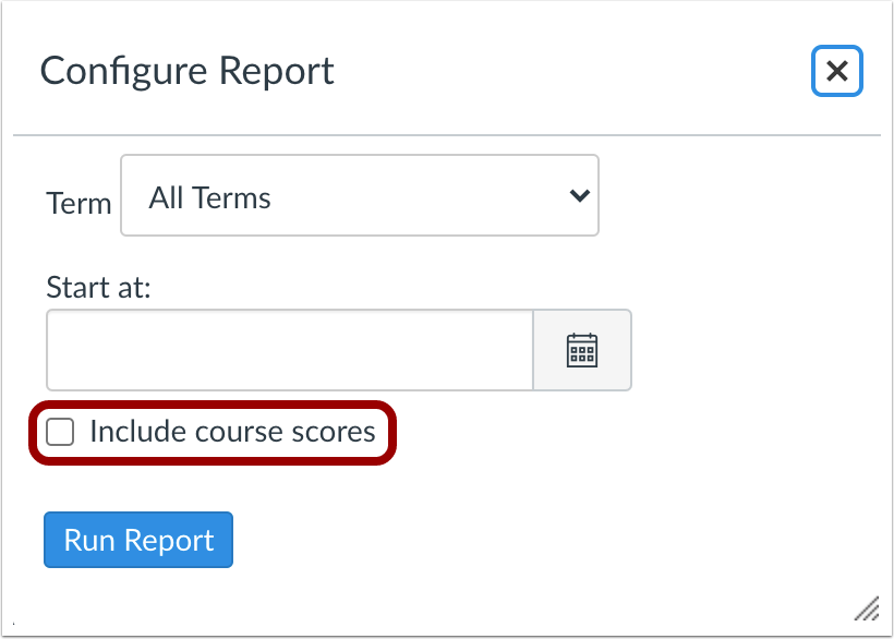 Report Configuration and Include Course Scores Checkbox