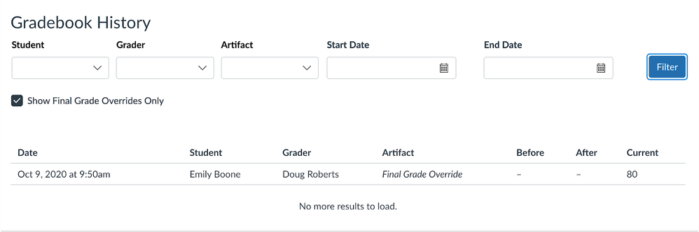 Gradebook History Page with Final Grade Override Filter