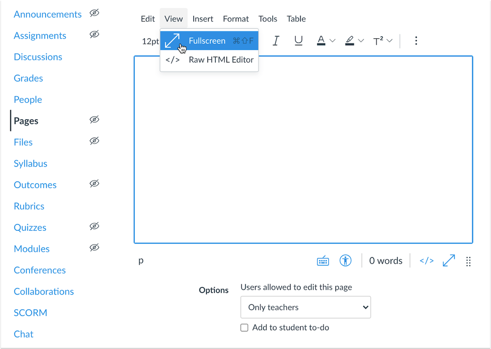 View Menu with Fullscreen Option