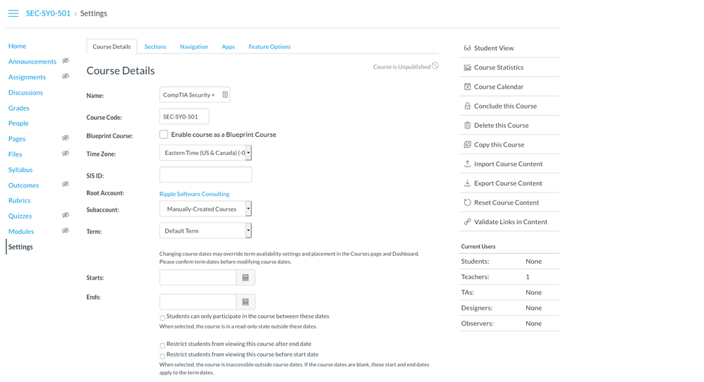 top of course settings