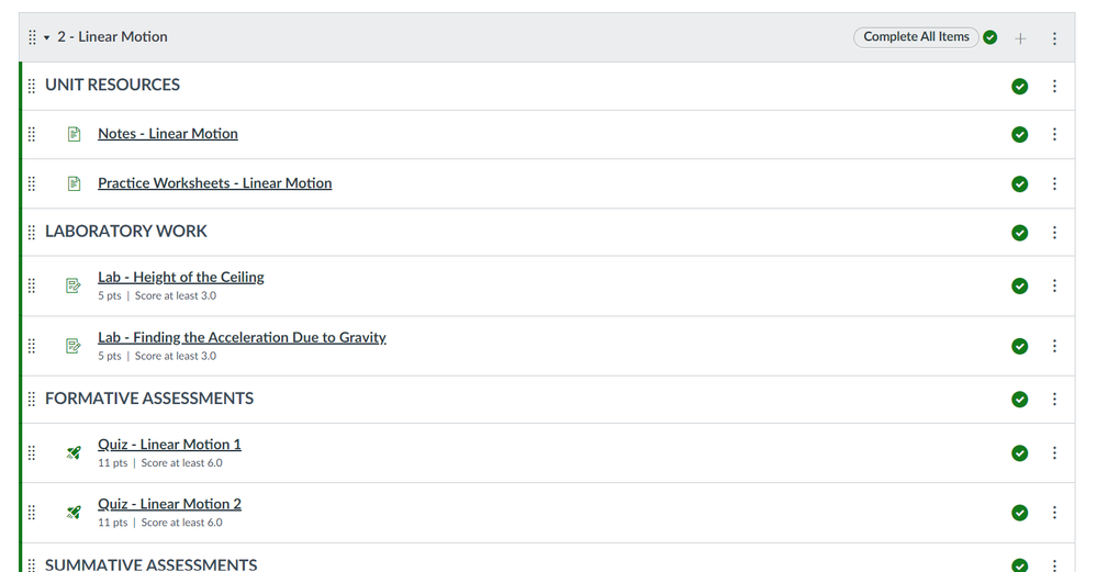 This shows the module set up where it says the quizzes have to be a certain score to meet the requirements.