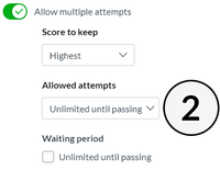 Example UI of allowing attempts until passing for a quiz.