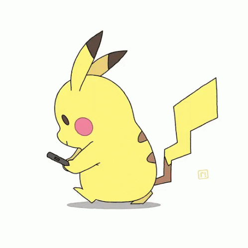 Pikachu the Pokemon character walking and reading a phone