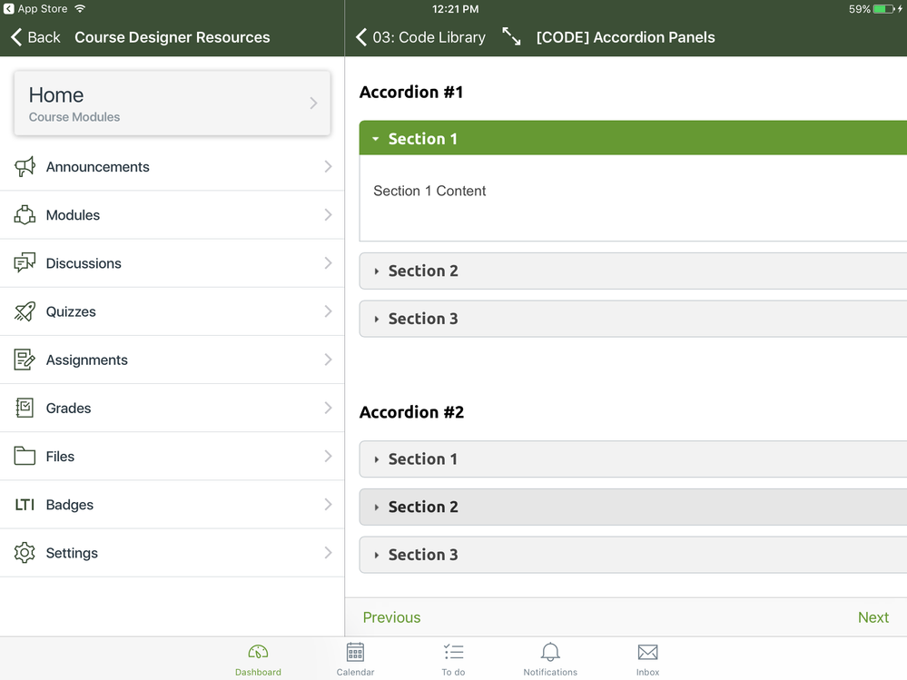 Accordion on Canvas Mobile App (iPad)