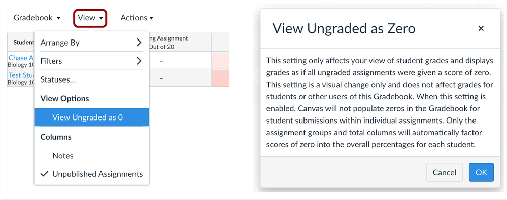 View Ungraded as 0 Message