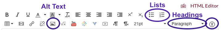 Lists, headings, Images, and accessibility checker icons are circled