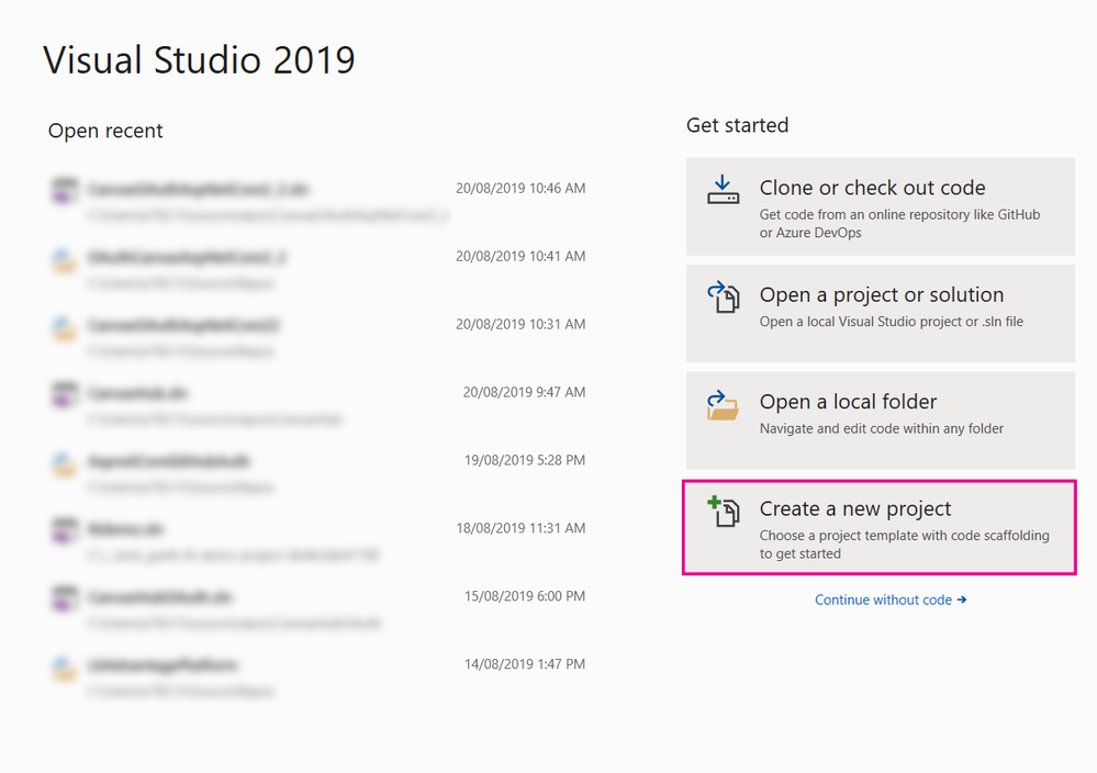 Visual Studio Start Screen Visual Studio Start Screen