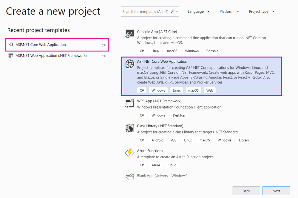 Visual Studio Project type screen Visual Studio Project type screen