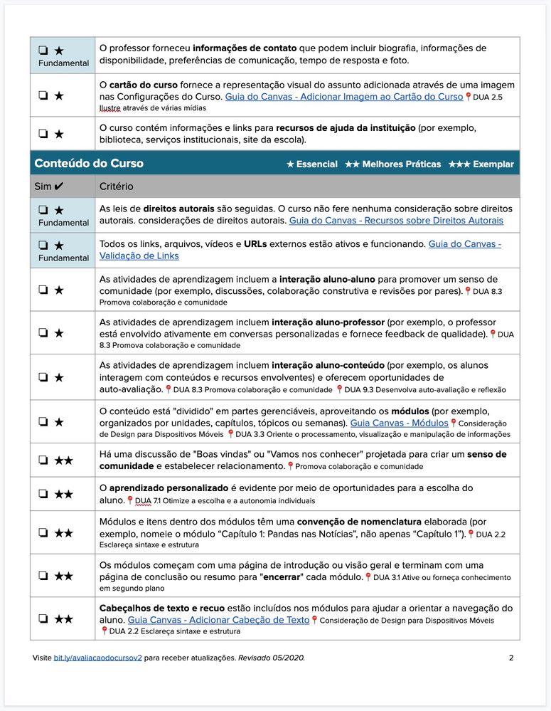 Lista de Verificação para Avaliação do Curso v2.0 página 2