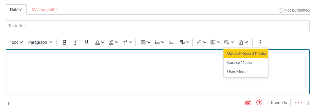 Screen shot demonstrating record upload media function in the rich content editor Screen shot demonstrating record upload media function in the rich content editor