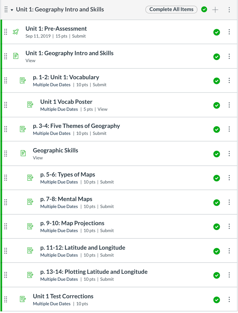 Canvas Module showing item icons and item status Canvas Module showing item icons and item status