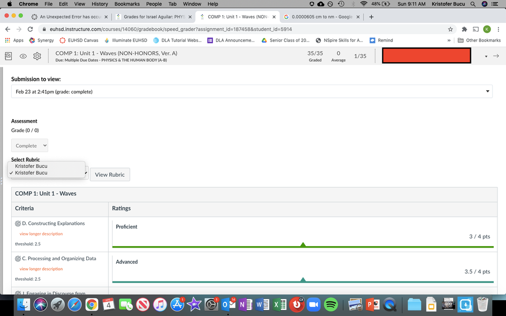 Viewing after I rescored the 1st attempt this morning.  Shows two rubrics scored by me.
