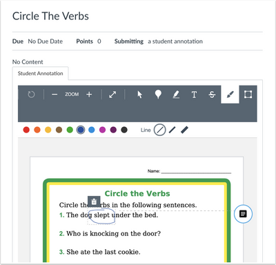 Student can use the various annotation tools to annotate on top of a set document.