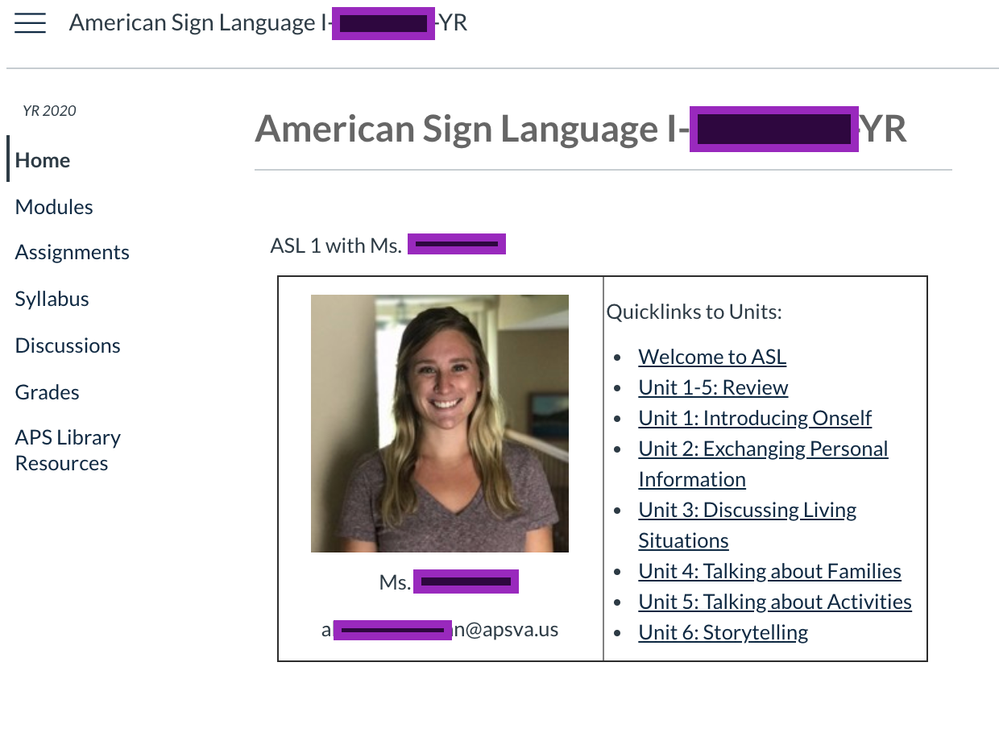 Course Home Page showing picture of teacher in left cell, and links to modules in right cell Course Home Page showing picture of teacher in left cell, and links to modules in right cell