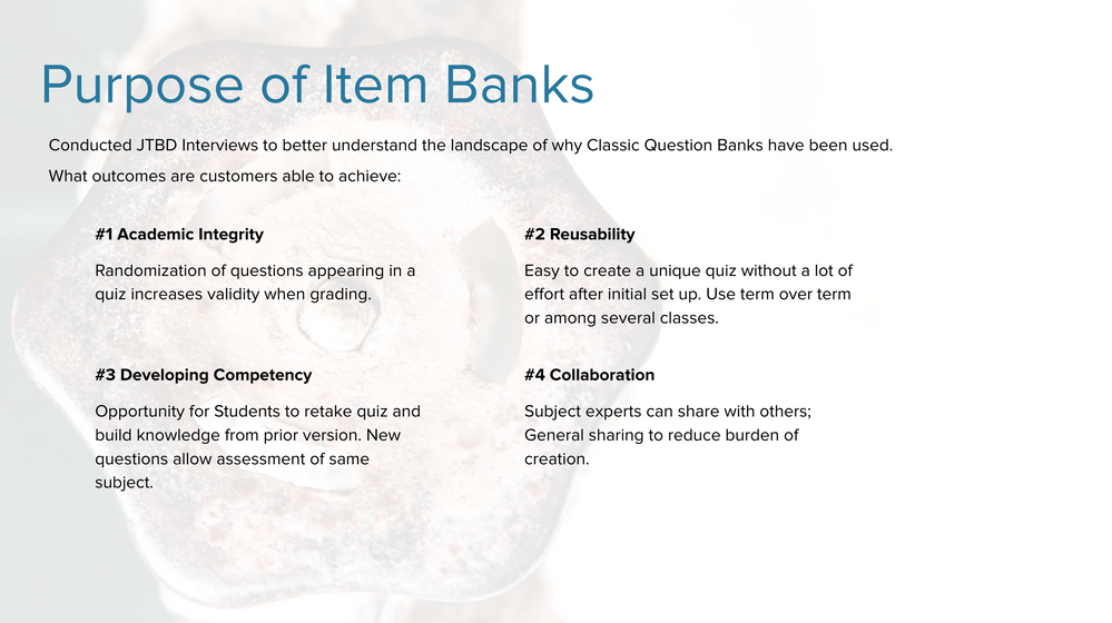Defined the context of why you use Item Banks