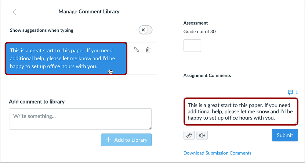 Selecting a Comment Library Comment to be added as a Comment in Speedgrader