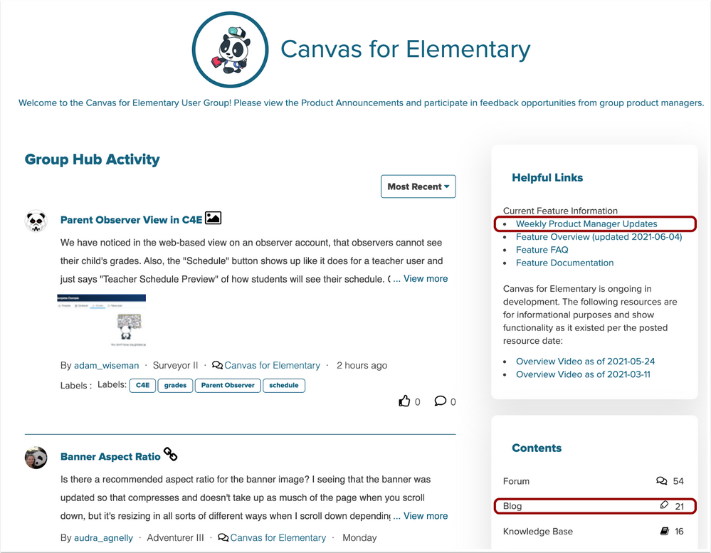Blog Links in the Canvas for Elementary User Group