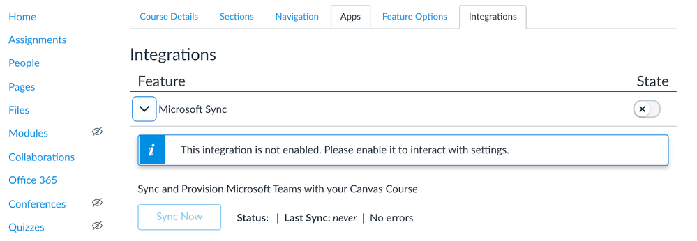 Courses Integrations Tab